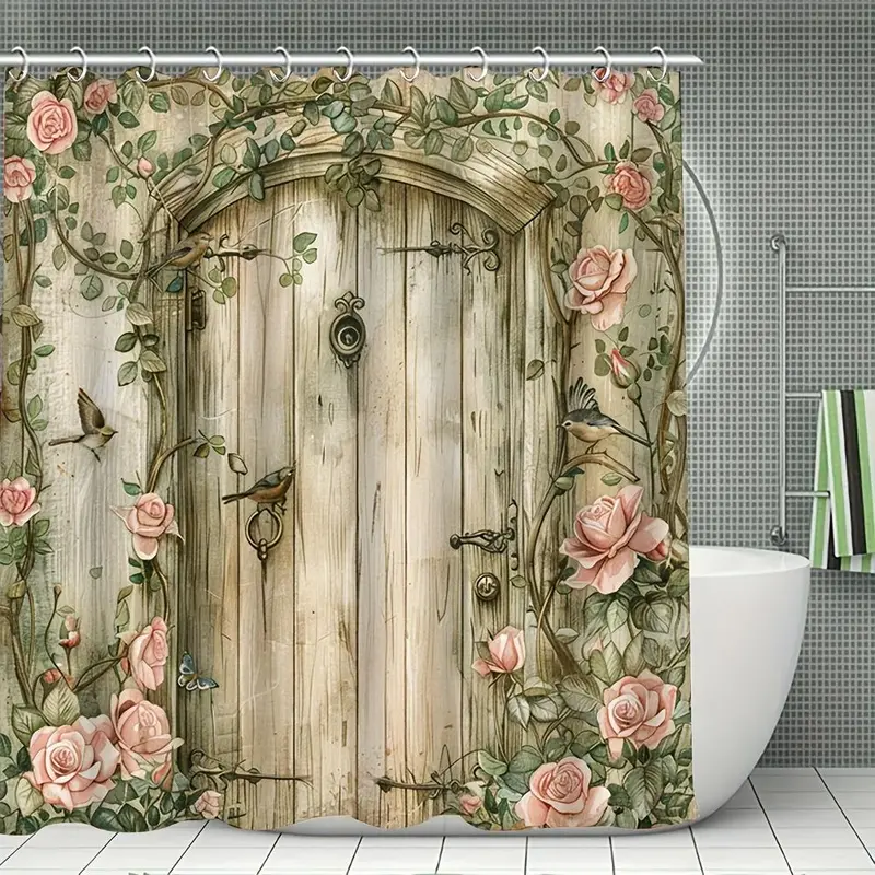 Rose Secret Door Pattern Bathroom Decorations, 4 Counts/set Including Shower Curtain & Toilet U-shape Mat & Bathroom Mat & Toilet Lid Cover, Bathroom Accessories 7