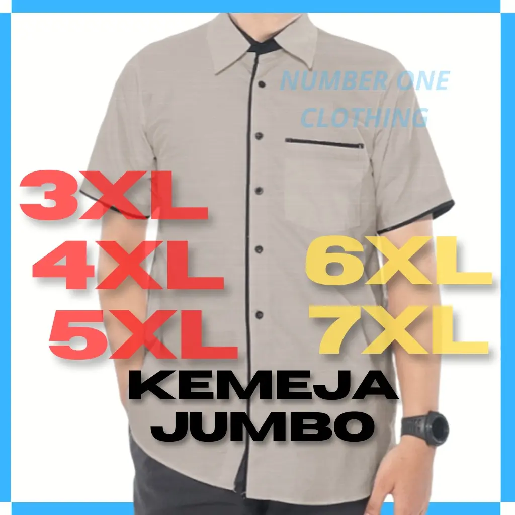 Kemeja Pria Jumbo Katun Oxford XXL XXXL 4XL 5XL 6XL 7XL Lengan Pendek Abu Kantong Strip Nyaman