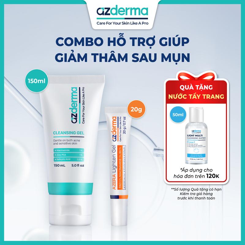 [ Qùa Tặng ] Combo giúp hỗ trợ giảm thâm mụn, hỗ trợ làm sáng và giúp đều màu làn da. Azderma Azera Lighten Gel 20g và Sữa rửa mặt Cleansing Gel ( tặng kèm tẩy trang 50ml cho hóa đơn từ 120k )