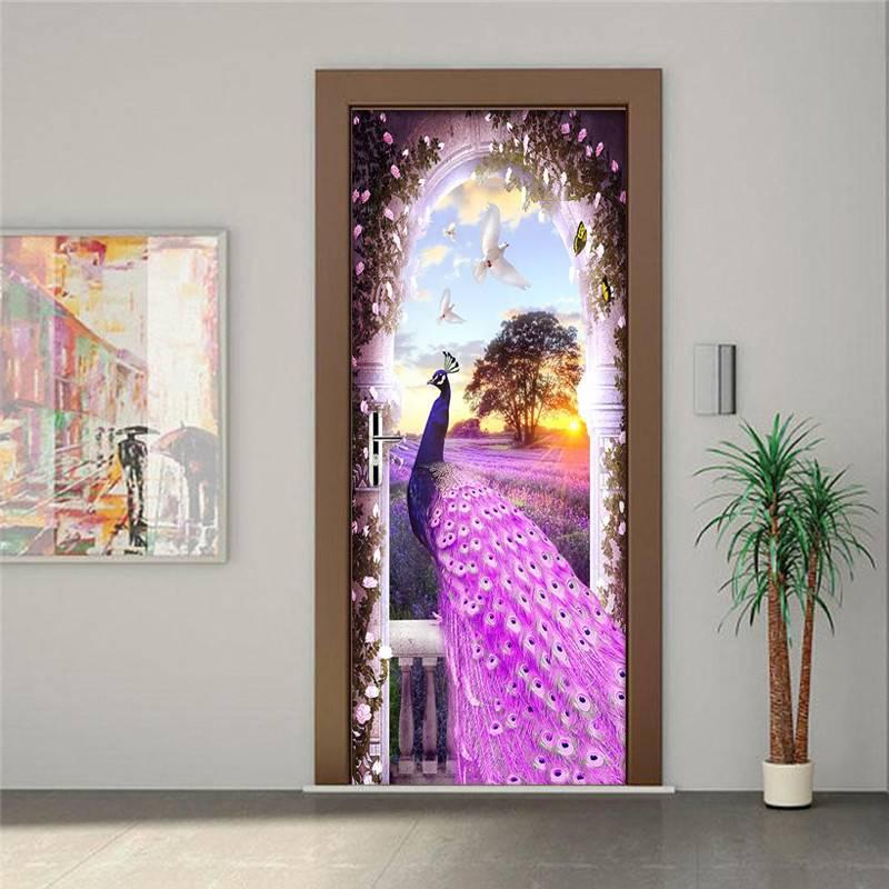 Custom Purple Peacock Dream Lavender 3D Self-adhesive Pvc Poster Living Room Bedroom Home Decor Waterproof Stickers Door Sticker 2