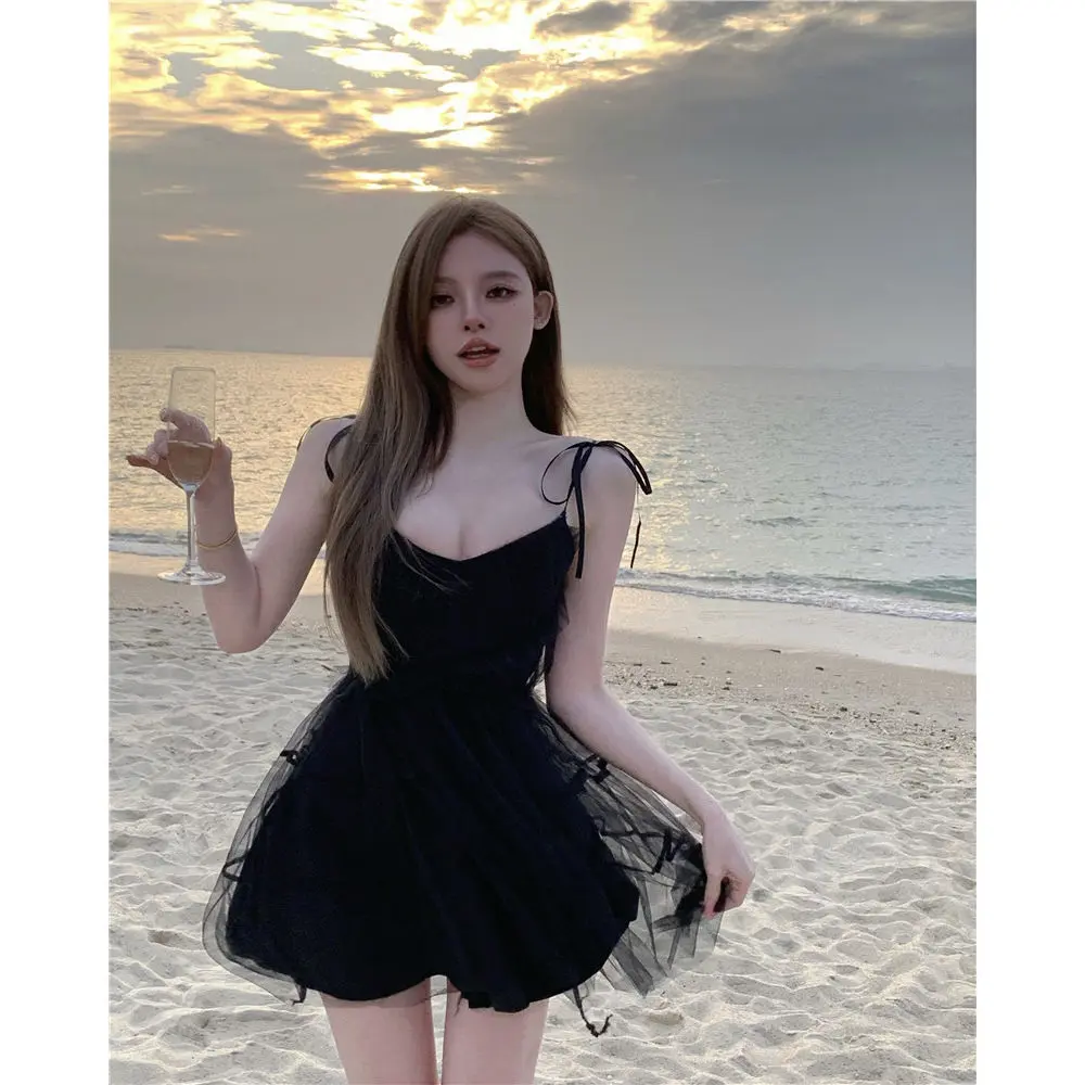 #D2130# Sweet and Spicy Girl Mesh Sling Dress for Women Spring Black Ruffle Edge Short Skirt with Waist Closure Sexy Princess Fluffy Skirt Casual Womenswear Lingerie Lady Casual Wear Comfort Summer Basic Gowns