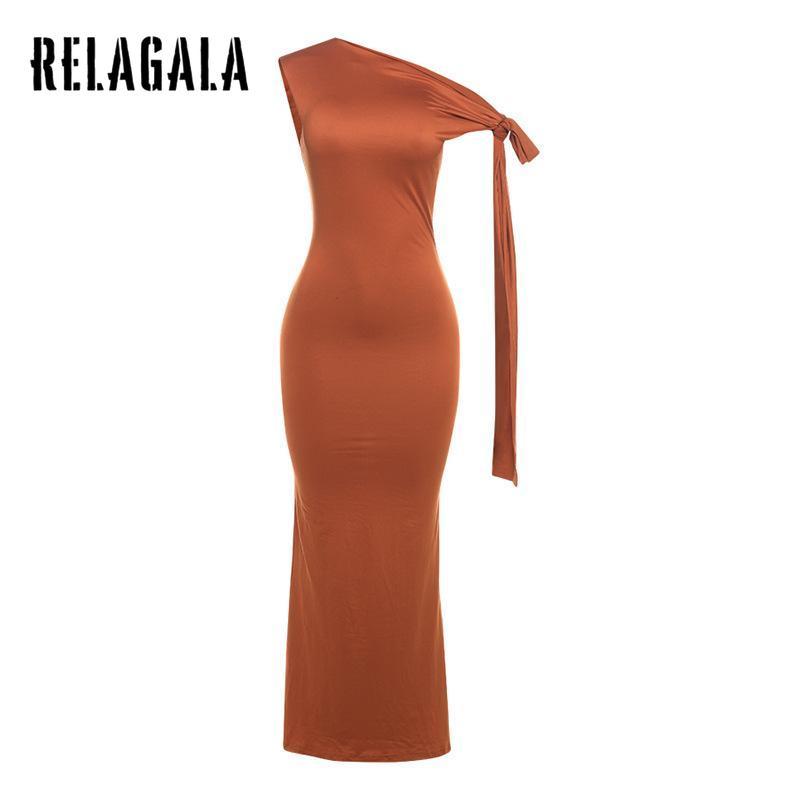 RelaGala Women's 2024 New Solid Color Casual Sexy Slanted Shoulder Sleeveless Hip Wrapped Dress 0