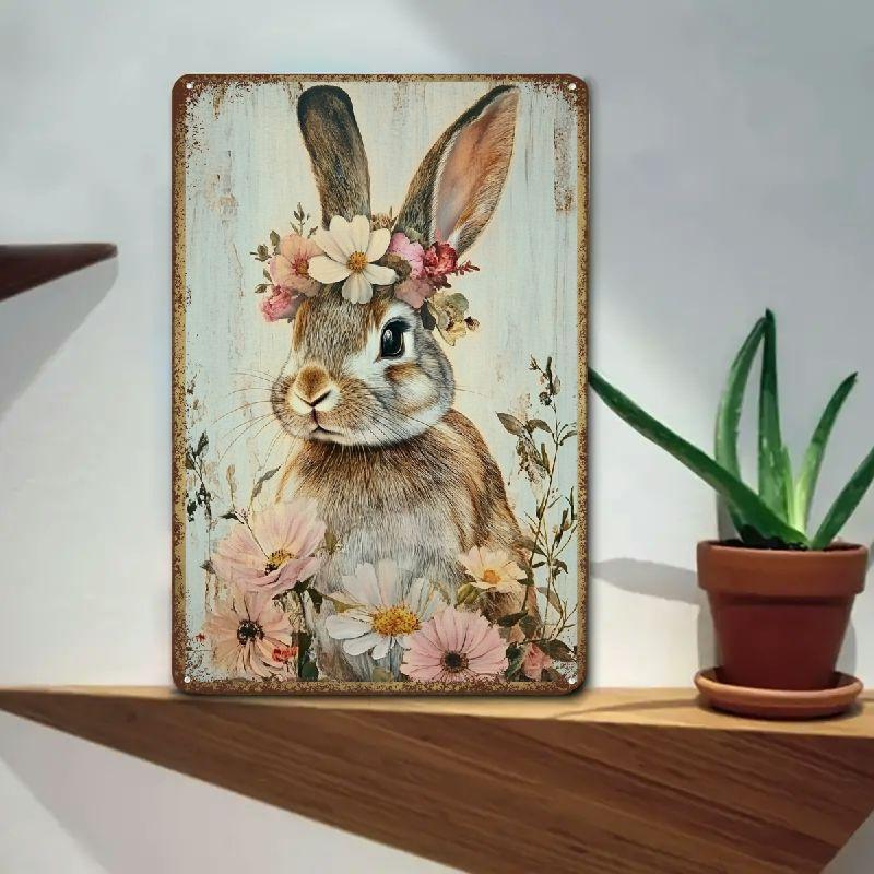 2DYNLLOOFA Vintage Bunny with Floral Wreath Metal Tin Sign, Rustic Iron Wall Art for Home, Garden, Gym, Cafe, Garage 1