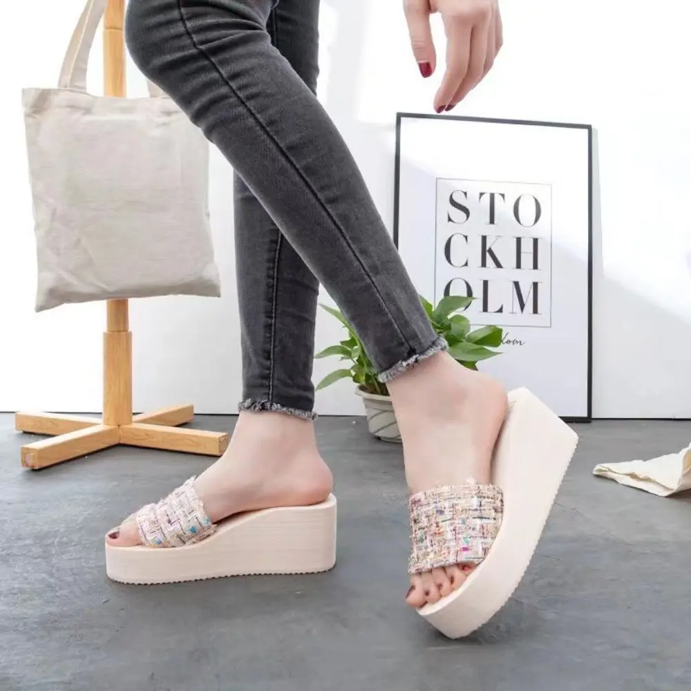 New fashion women's slippers small height increase thick-soled casual wedge flat student beach slippers