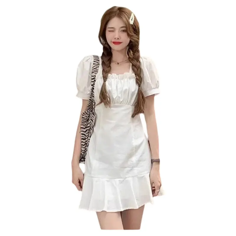 Summer style sliming preppy princess dress pure color for women with puff sleeve square neck short skirt with leaf edge