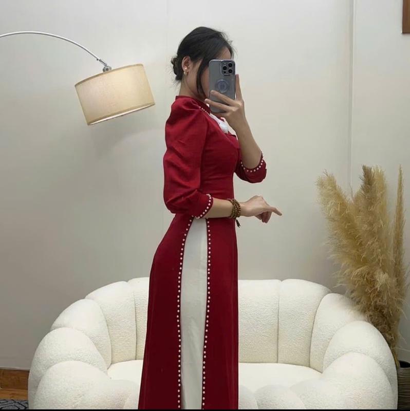 Áo dài nữ, áo dài truyền thống lụa Tây Thi màu Đỏ Đô điềm hoa đính ngọc xinh xắn 3