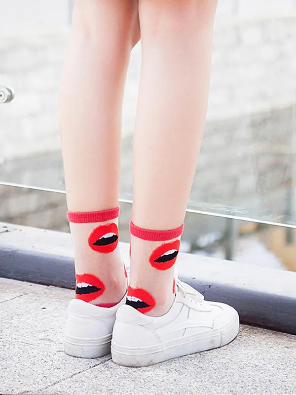 Women's 5 Pairs Contrast Mesh Sheer Crew Socks, Casual Fashionable All Over Print Socks for Daily Wear, Comfy Breathable Socks for Women 2