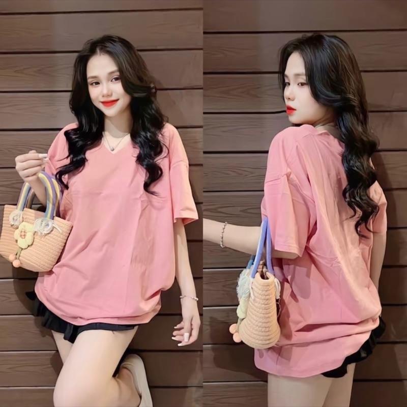 Áo thun cotton giấy cổ tim form rộng mỏng nhẹ phong cách nhiều màu Nữ Top Women