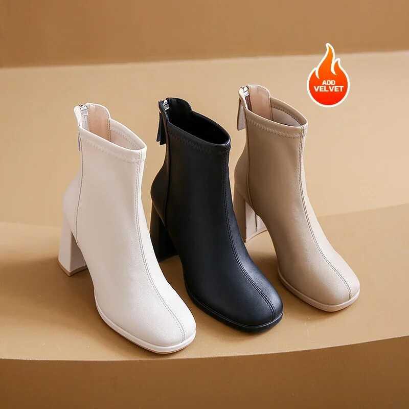 Bốt Nữ, Thời Trang Anh, Mùa Thu Đông, Da Mỏng Co Giãn, Khóa Kéo Sau, Mũi Vuông, Phong Cách Rock, Dành Cho Nữ, Hàng Mới Về 2024 5