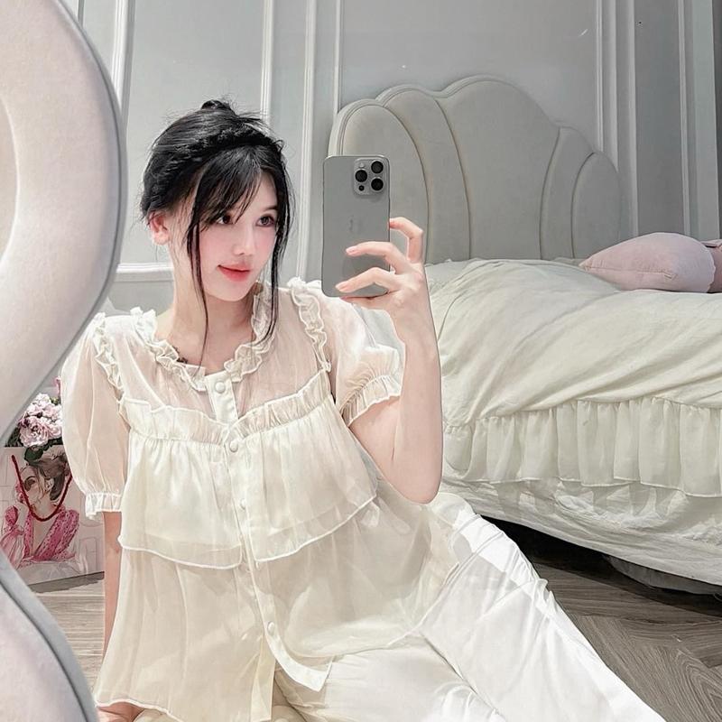 Sét bộ ngủ tay voan tơ ánh bèo tiểu thư chất lụa latin mềm mát (freesize 40-58kg) Voi Nhung Kem Tim Women Áo