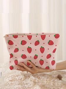 Strawberry Pattern Corduroy Makeup Bag, Cute Style Unique Bags, Light Makeup Bag Purse Designer, Multi-functional Fashion Leisure Makeup Bag, Cosmetic Pouch, Travel Makeup Bag, Suitable for Leisure Travel, Business Trips