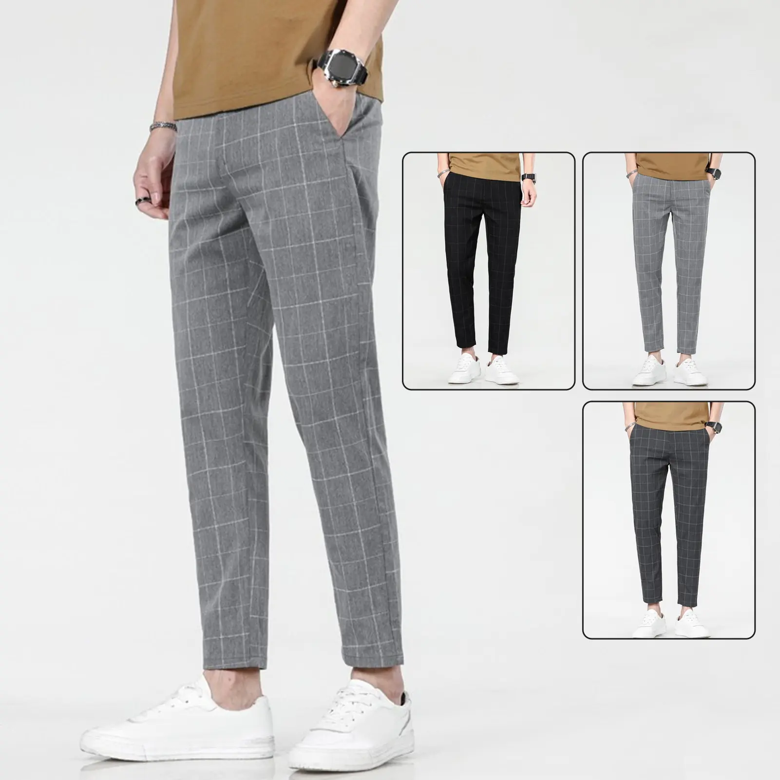 [VOA]Men Ninth Pants Straight Plaid Print Side Pockets Thin Stretchy Slim Fit Button Zipper Closure Casual Formal Business Trousers