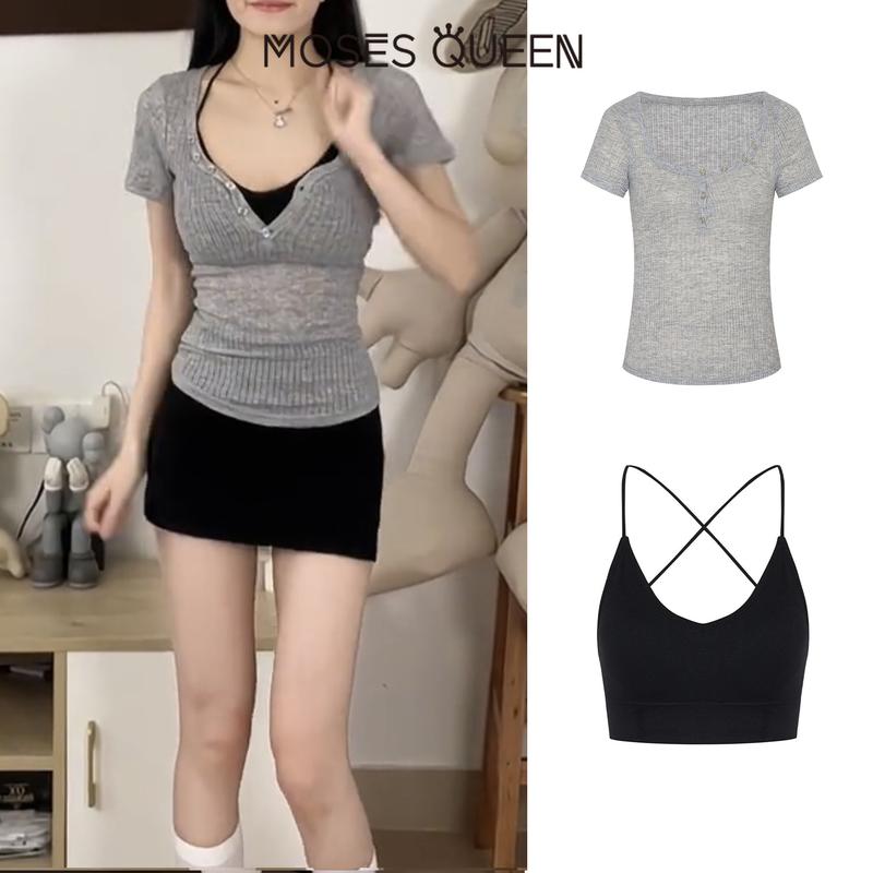  Bộ Hai Mảnh Áo Nữ Dáng Ôm Ngắn Trong Suốt Phong Cách Ngắn Với Áo Và Bộ Vest Lưng Đẹp Cô Gái Nóng Bỏng Hàng Mới Về Mùa Hè 2024 Thiết Kế Nữ Thần < Moses Queen # 07 > 