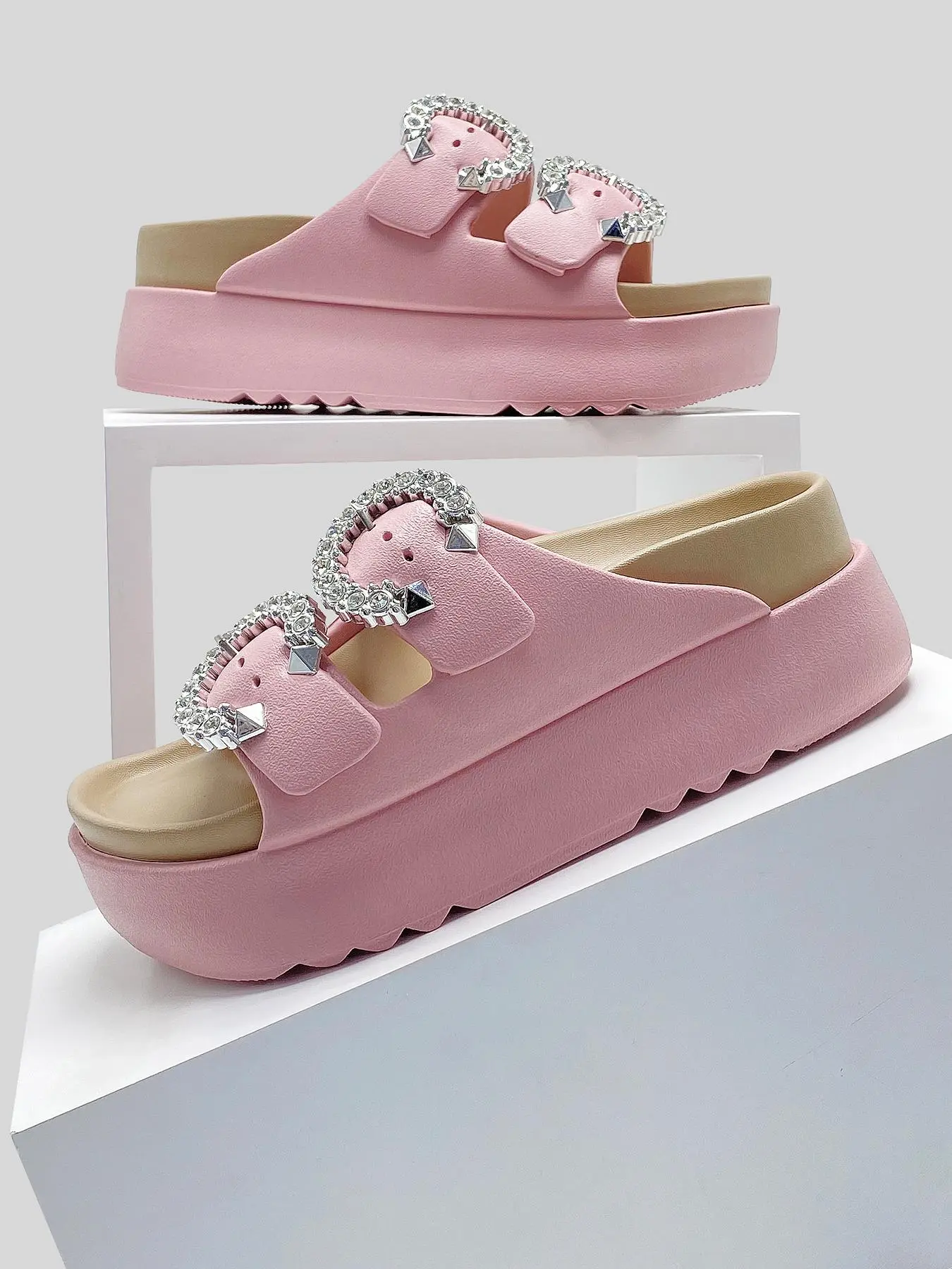 Women's Fashionable Rhinestone Decorated Double-buckle Design Slides, Casual Comfortable Platform Slippers for Indoor Outdoor Wear, All-match Slippers for Daily Wear
