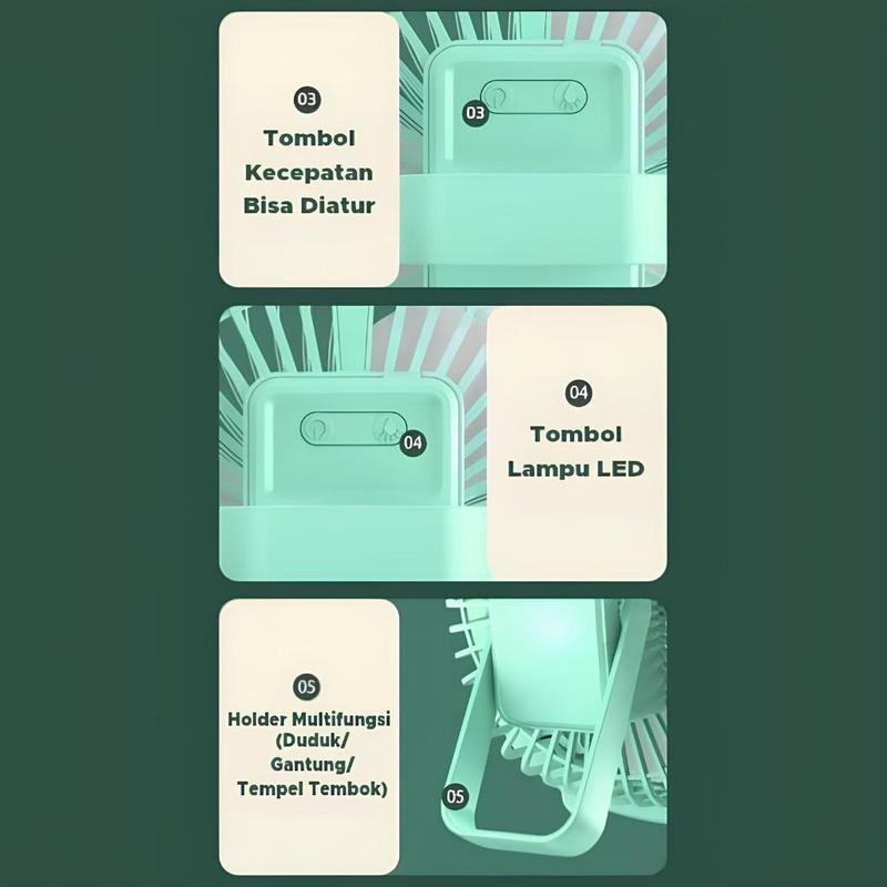 Kipas Angin Portable 4in1 Dengan Lampu LED Kipas Angin Lipat USB Kipas Duduk Multifungsi Kipas Gantung 3