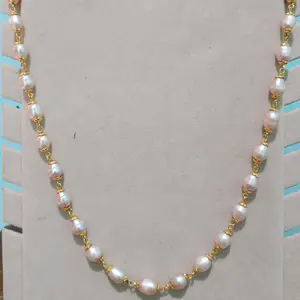 Kalung mutiara air tawar peach panjang 60cm lapis emas ( perhiasan perempuan )
