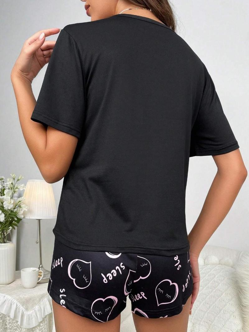Product Introduction of Women's All Over Print Tee & Shorts Pyjama Two-piece Set, Casual Comfy Round Neck Short Sleeve T-shirt & Shorts PJ Set, Ladies Sleepwear for All Seasons 9