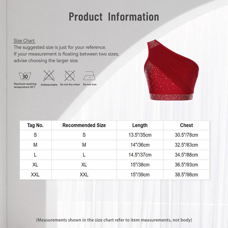 Product Introduction of iiniim  Womens Lyrical Dance Costume Adult Modern Dancewear One Shoulder Ruched Mesh Overlay Rhinestones Crop Top 0