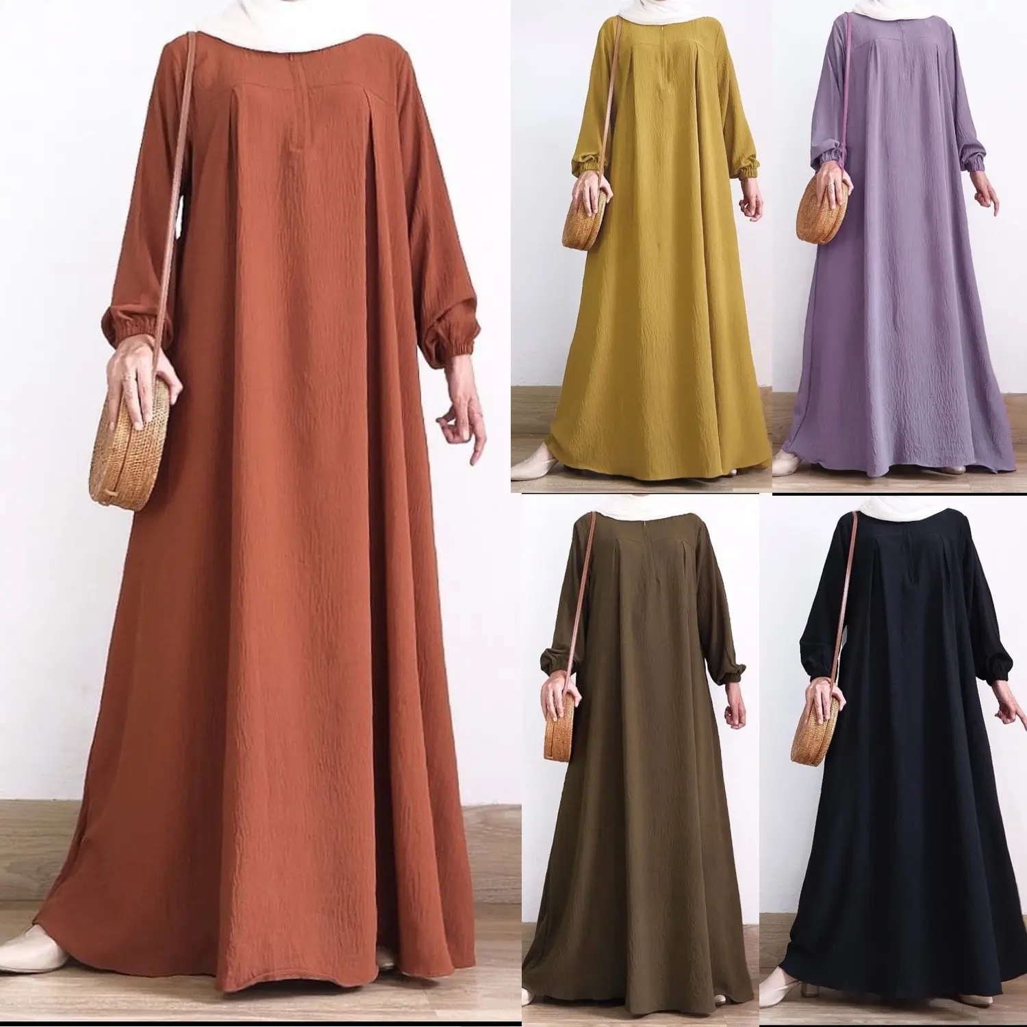 Muslim women's zipper placket round neck elastic sleeve long skirt solid color long sleeve dress