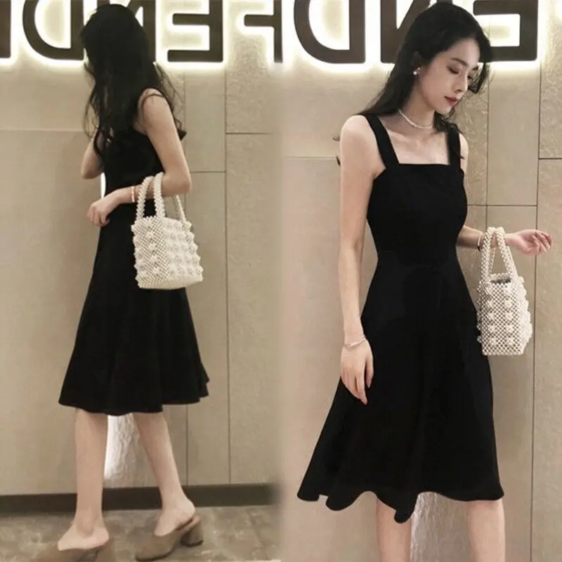 Váy Hai Dây Màu Đen, Không Tay, Thanh Lịch Và Thoải Mái, Thích Hợp Cho Mùa Hè, Cỡ Nhỏ Và Rộng Rãi, Bó Sát Bụng, Váy Chữ A Trẻ Trung, Hàng Mới Về Nữ Women