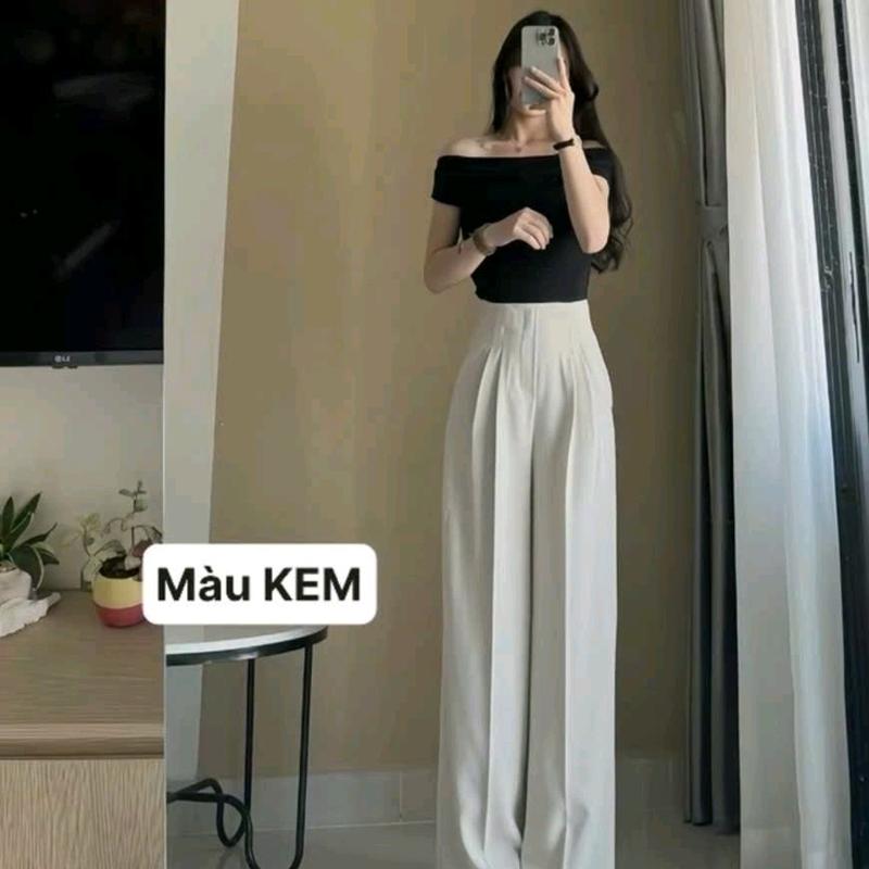Quần tây ống rộng nữ cạp liền lưng cao có khoá kéo bên hông ( vải gold loại 1 mềm mịn sóng quần) dài trên 100cm Ong Nhung Women Kem 1