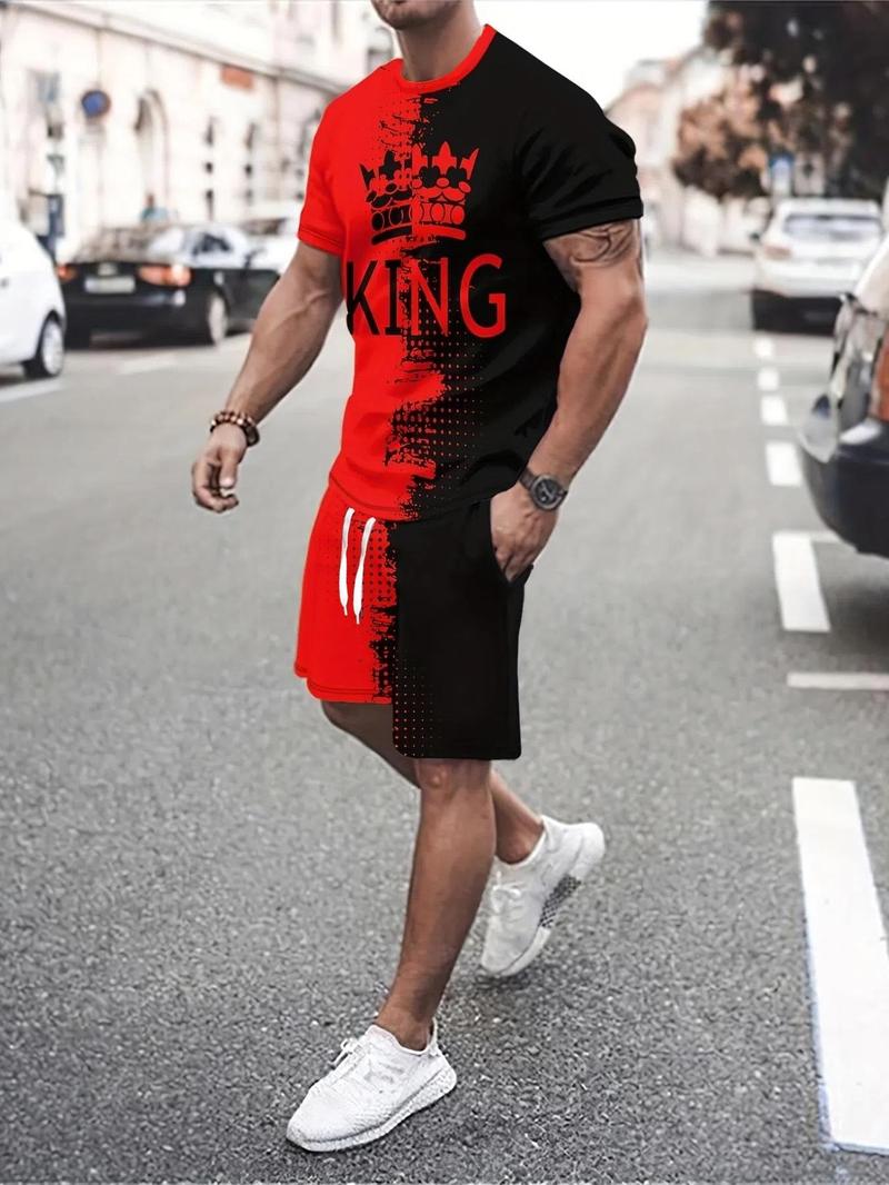 Product Introduction of Two Counts Men's Geometric Print Drawstring Shorts Set, Short Sleeve T-shirt & Pocket Shorts, Casual Spring & Fall Clothes for Men 2