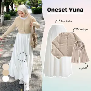RAMADHAN SALE Yuna Setelan Wanita 3in1 Atasan Cardigan Waffle Crop, Rok A-Line Scuba, Hijab Square Outfit One Set OOTD Kekinian Simple Dan Cantik Casual remaja berhijab Basic Panjang korean style Baju Muslim Kombinasi Celana