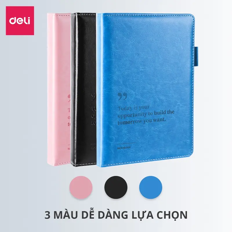 Sổ tay ghi chép A5 Bìa Da dày Deli - Màu Đen/Hồng/Xanh, 300 trang, 80gsm, Chống nước dành cho Học Sinh, Văn Phòng 5