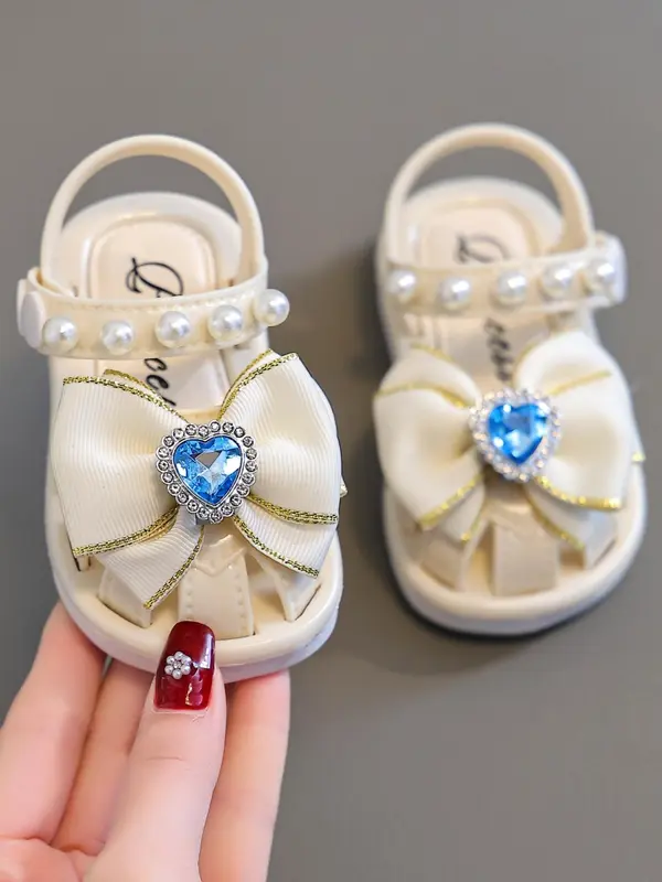 Baby Girl's Elegant Heart Decorated Bow Design Sandals, Cute Comfortable Princess Shoes for Daily Wear, Fashionable Shoes for Toddlers 5