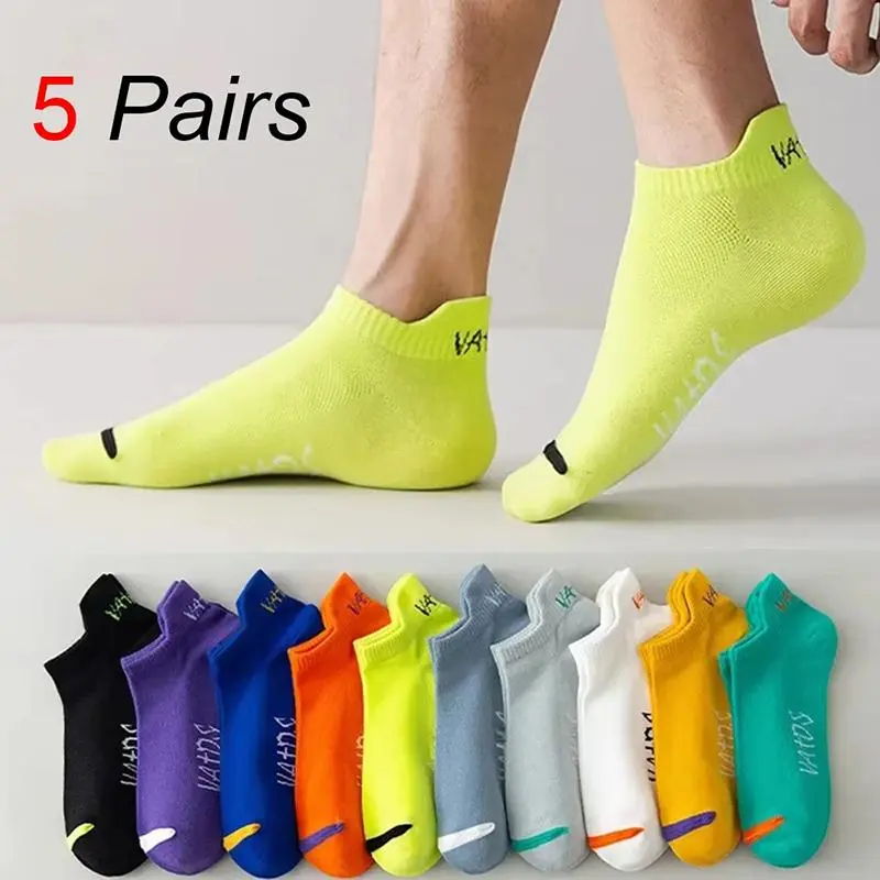 5 Pairs Men Bright Colored Ankle Socks Breathability Fashionable Casual Street Style Deodorizing Invisible Travel Running Socks Menswear Breathable