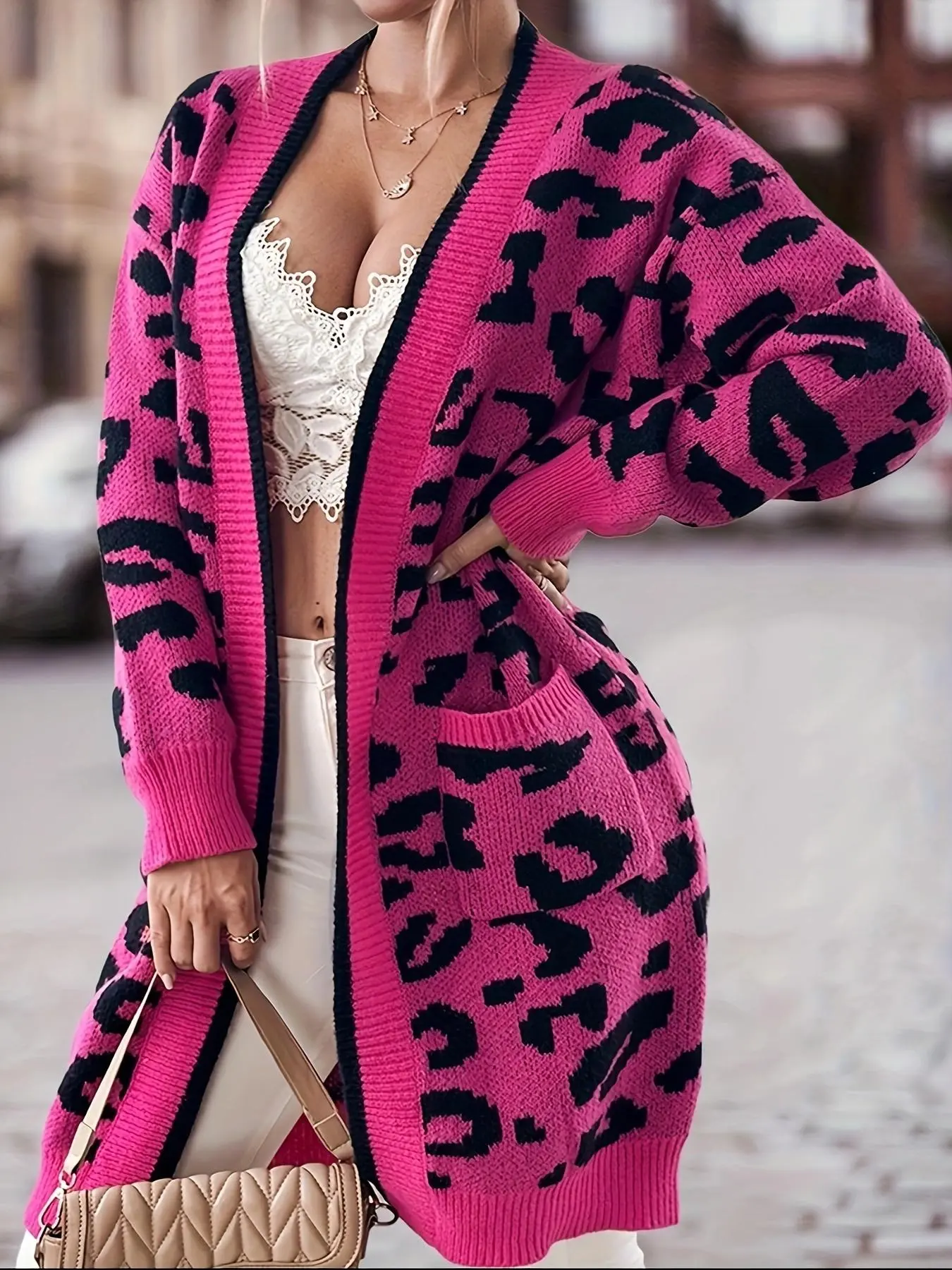 【Plus Size】 Leopard Print Contrast Binding Drop Shoulder Cardigan, Casual Long Sleeve Open Front Knitwear for Fall & Winter, Women's Plus Clothing for Daily Wear