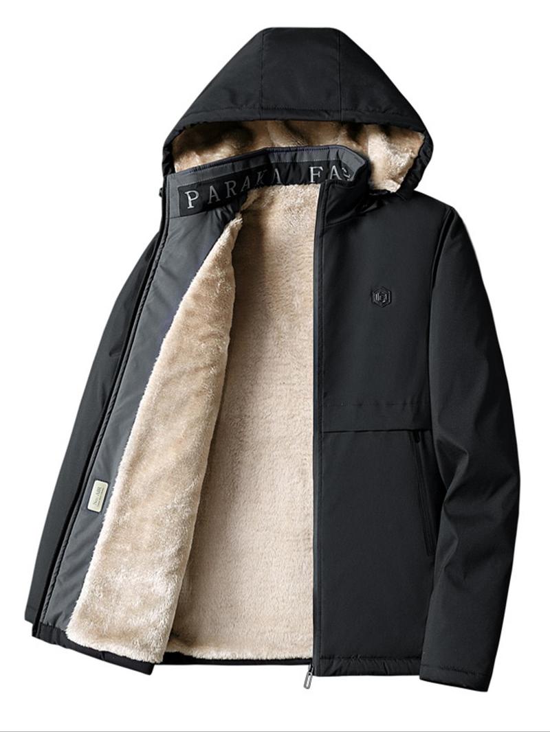 Product Introduction of Men's Solid Thermal Lined Zip Up Heated Jacket with Detachable Hood, Zipper Pockets Long Sleeve Coat Outerwear for Winter, Jackets for Men, Men's Clothing, Workwear Jacket Menswear Tops Underwear Hoodie Human Bestie Beige Casual Gamis 1