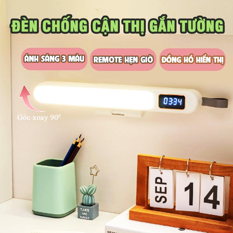 Đèn học dán tường chống cận tích điện có đồng hồ,đèn nam châm từ tính, đèn treo tường, đèn ngủ, đèn decor trang trí có dây đeo, remote điều khiển từ xa hẹn giờ tắt đèn, xoay 90 độ đèn  dán