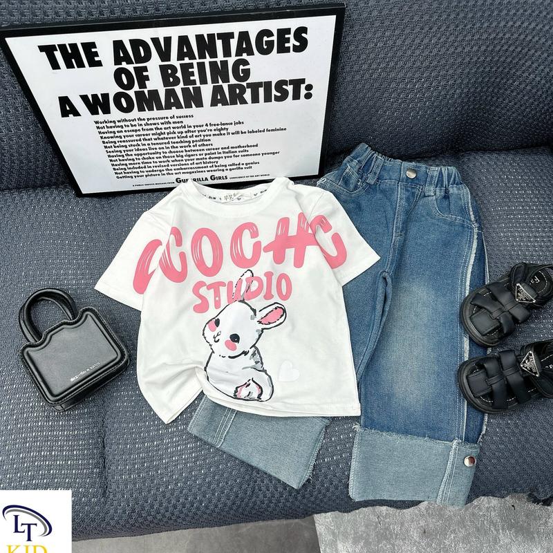 10-30kg Set quần bò mềm kèm áo phông hình thỏ cho bé gái vừa đi học đi chơi