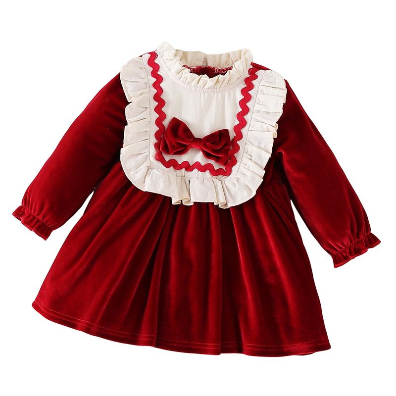 TikTok Shop Baby Girl Christmas Dress Velvet Red Baby Dresses Patchwork Ruffled Neck Long Sleeve Bowknot A Line Dress Infant First Christmas Outfit Vintage Winter Clothes