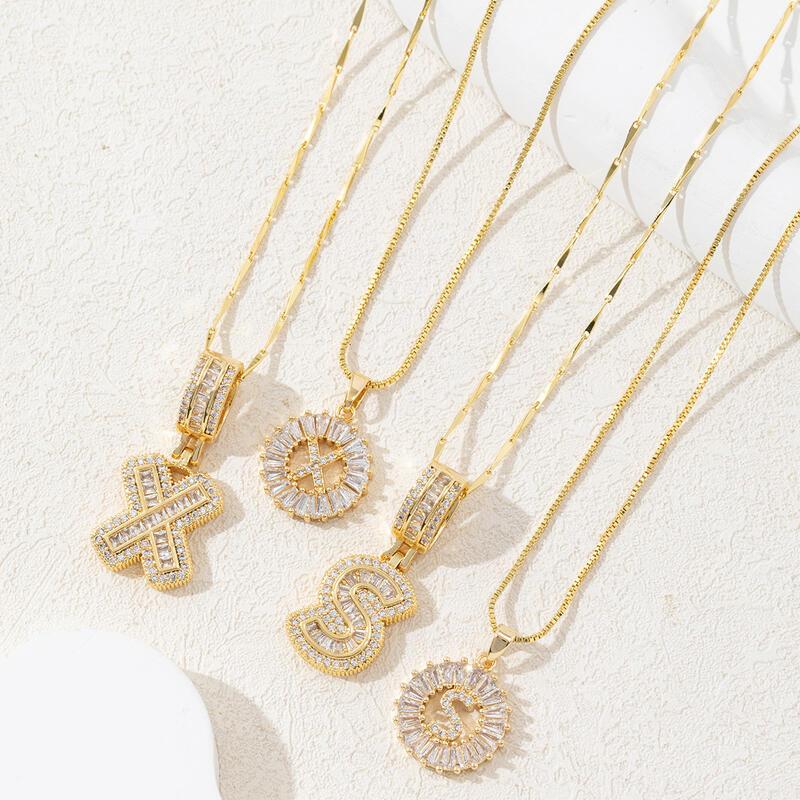 Product Introduction of Full Diamond Rock Candy 26 Letter Pendant Necklace for Women, Copper Set with Zirconia Plating and True Gold Round Flower Letter Set 5
