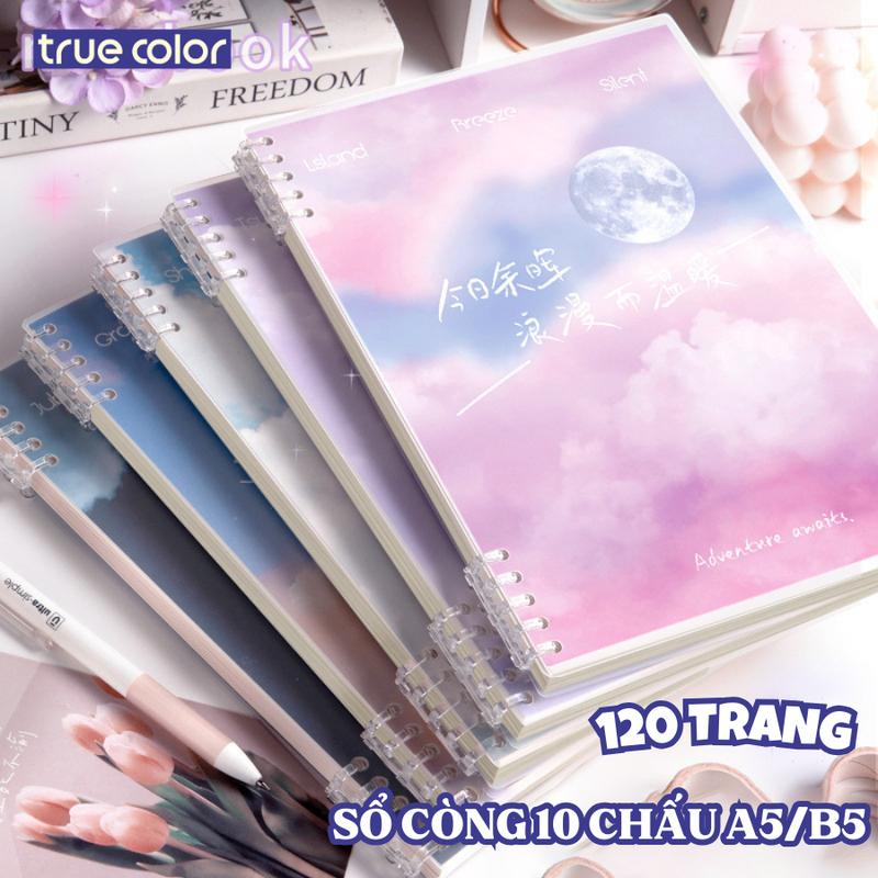 Sổ còng họa tiết đám mây A5 B5 120 trang thay được giấy bìa sổ còng màu pastel kèm ruột giấy - Bìa sổ tay bìa nhựa binder thiết kế khuyết còng dễ viết planner bullet journal black leather paper