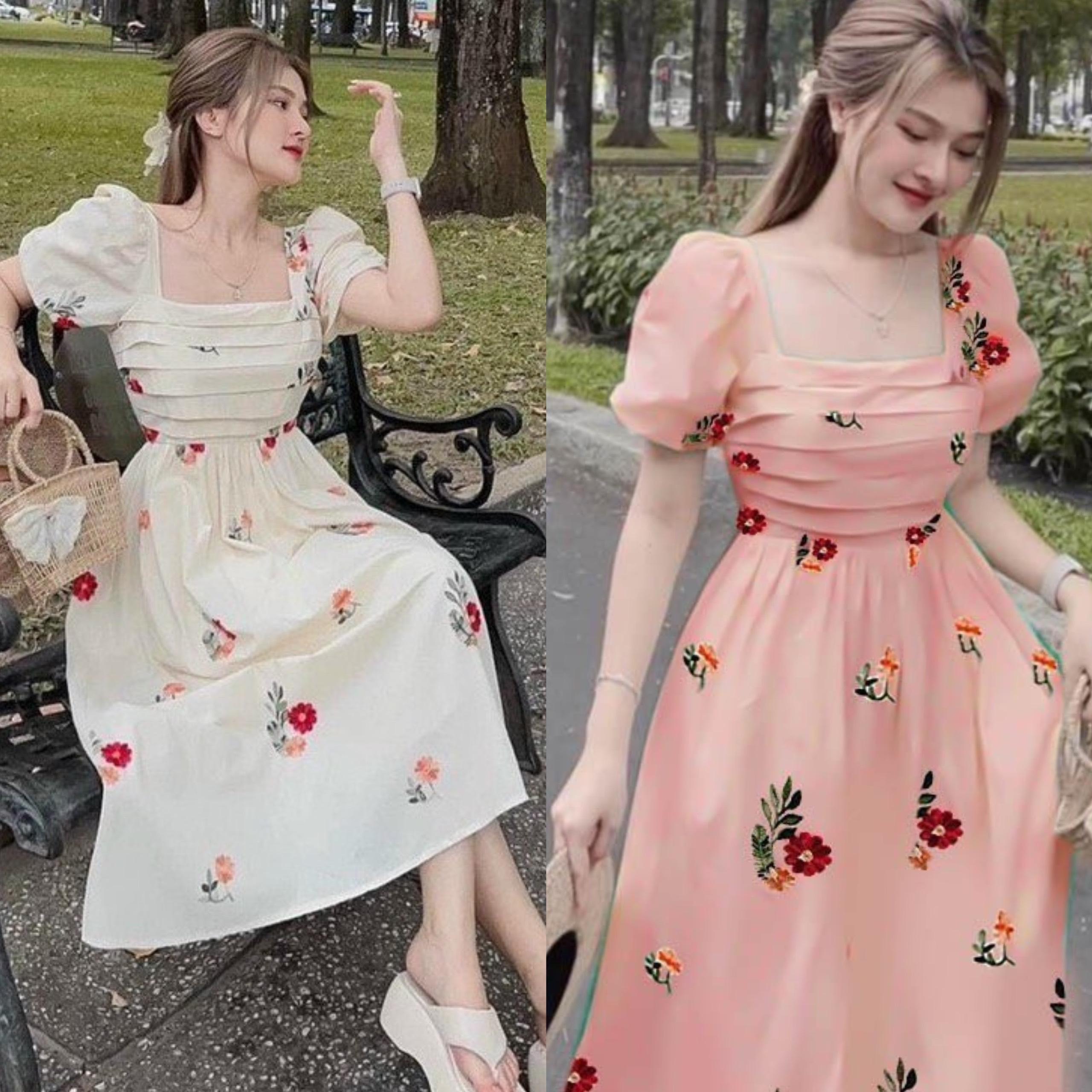 Thời Trang Bigsize Váy Dự Tiệc Có Lớp Lót Cao Cấp Thanh lịch 50 - 100Kg Nữ Dress Women Cotton Tay Loe Kem - A.1195