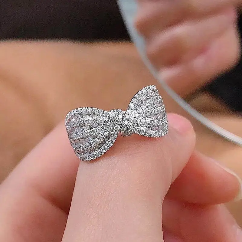 Cincin Perkahwinan, Ikatan bentuk rama-rama Romantik, Untuk Wanita, Berturap Penuh dengan Zirkonia Kubik Putih, Fesyen Ringkas, Aksesori Jari Bead