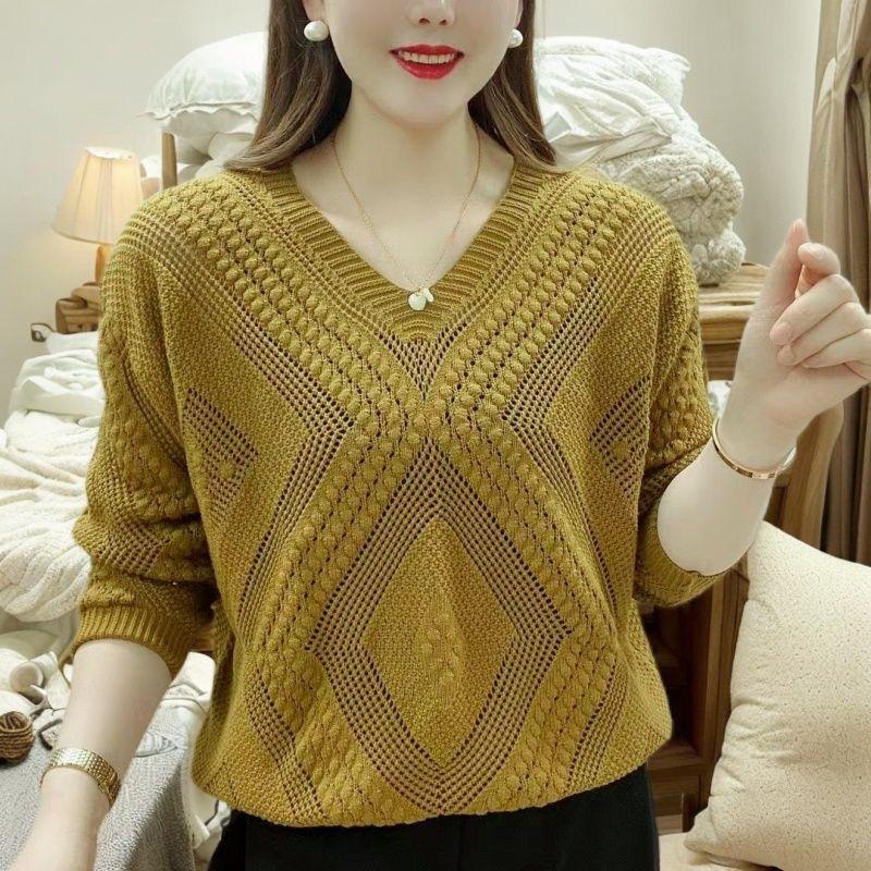 Product Introduction of Áo dệt kim mỏng hợp thời trang khoét rỗng cổ chữ V đầu thu cho cô gái béo cỡ lớn 150,00kg, áo chống nắng Top 6