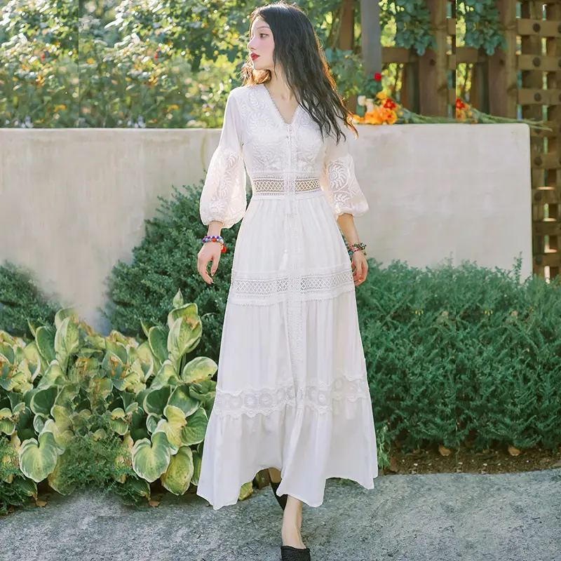 Đầm maxi cotton phối ren thêu cao cấp sang trọng Nữ Women Cam Dress Sen Voi Viền Ren Màu Trắng Màu Hồng đầm  maxi