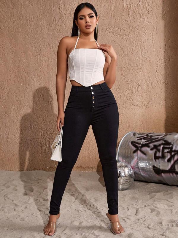 Women's Plain Button Front High Waist Skinny Pants, Casual Pocket Design High Stretch Slim Trousers for Daly Wear, Fashion Versatile Women's Bottoms, Night Out Outfits 5