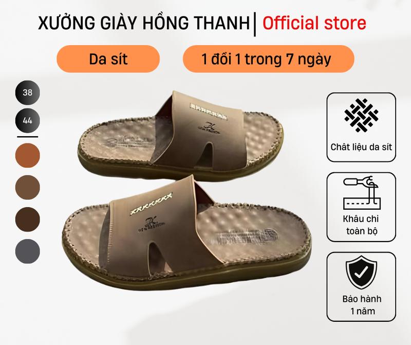 HT.44 dép da nam {khâu chỉ toàn bộ }Dép chống nhăn -chống nước (Quai bản ngang )*HỒNG THANH*Da xít lót da*Đế cao su -chống trượt-chống mòn$ cao 2.5cm & bảo hành một năm! Dép nam Đế Bằng 1