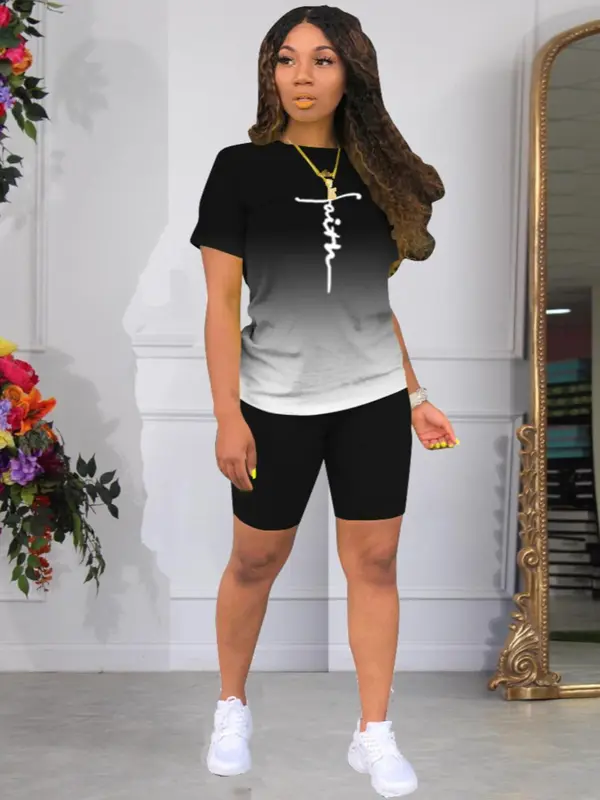 Two-piece Set Women's Ombre Print Skinny Shorts Set, Crew Neck Short Sleeve T-shirt & Track Shorts, Casual Summer Clothes Gym Sets for Women, Tracksuit Outfits To Hide Tummy Uk, Tracksuit Set Holiday 2