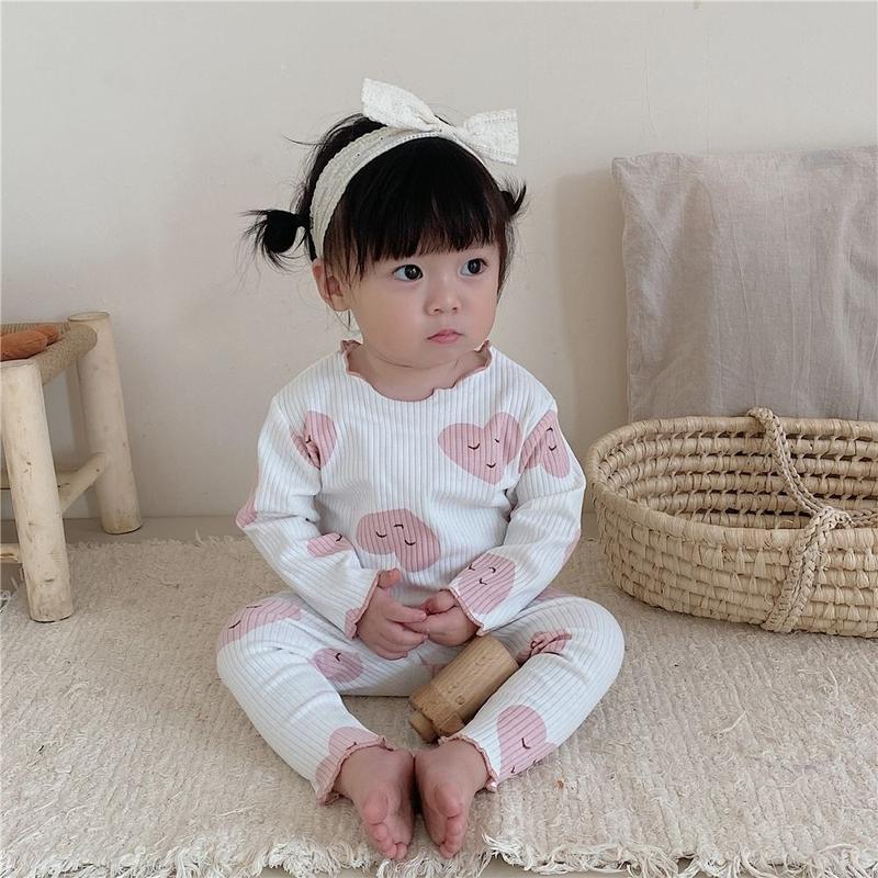 Product Introduction of Girls' Home Wear Autumn New Baby Girls' Long-Sleeved Ice Silk Rib Sunken Stripe Pajamas Two-Piece Wooden Ear Suit 18