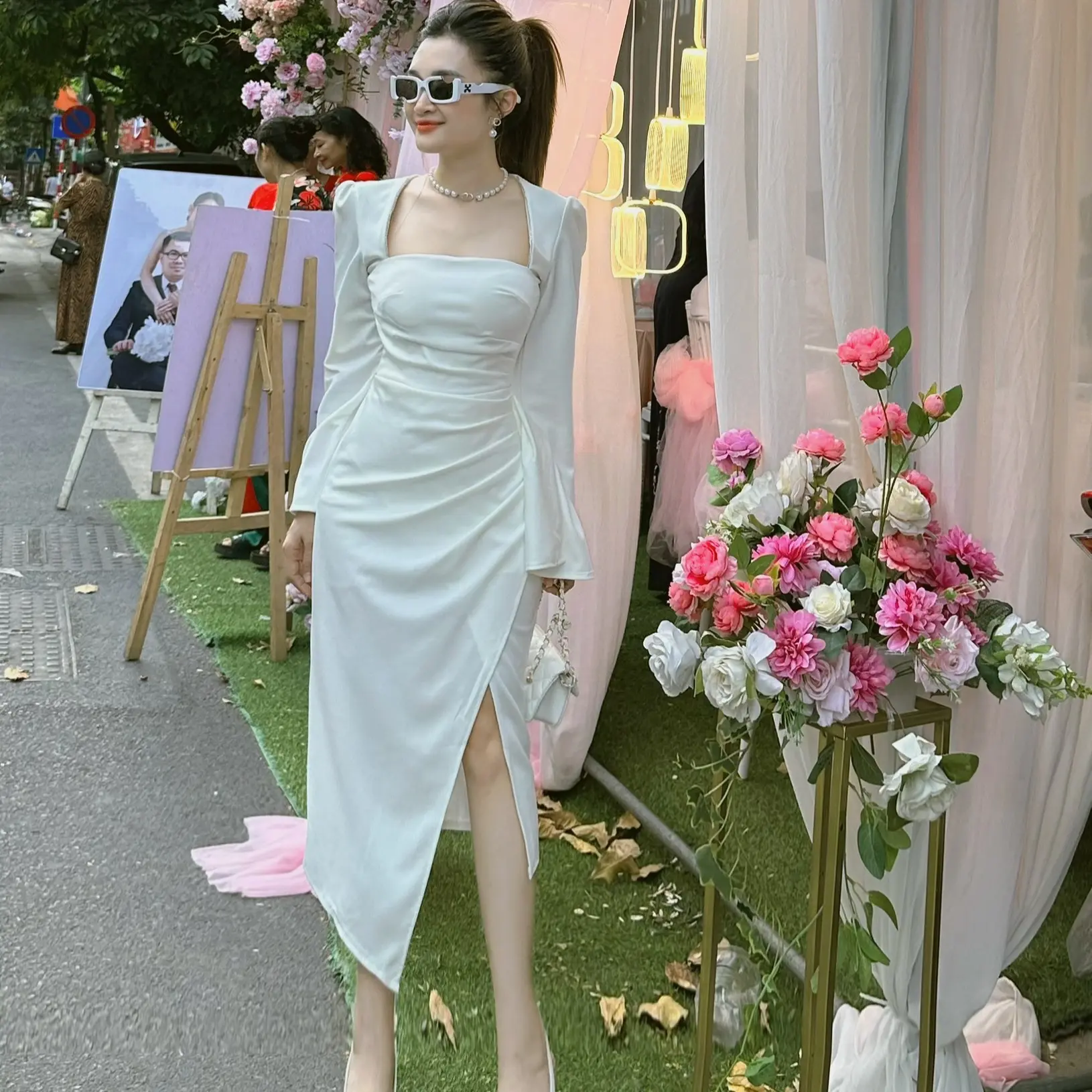 Socomo Váy đầm body thiêt kế cổ U đá chéo vạt xẻ cạnh V1212023 Nữ Dress  Đen Women