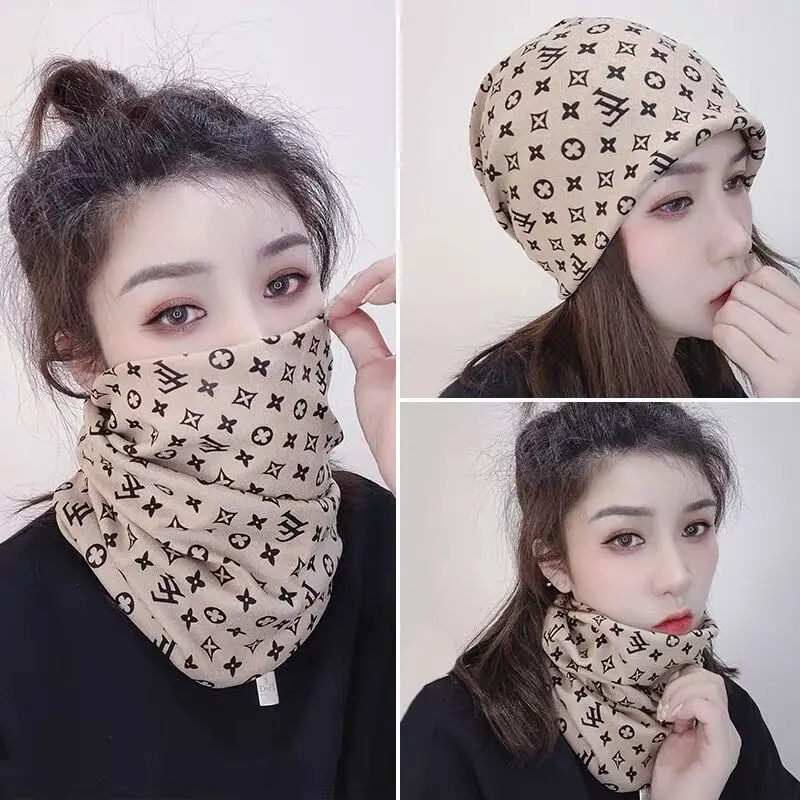 Hat Women's Spring and Autumn Korean Style Multi-Purpose Tam-O'-Shanter Toque Winter Sleeve Cap Bandana Hat Printing Pile Heap Cap Earmuffs Hat