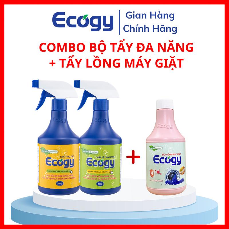 Combo Bộ tẩy đa năng Ecogy 1000g 2 chai + Tẩy lồng máy giặt Ecogy 300g chai; Hỗ trợ làm sạch vết mốc thâm kim vết máu vết đồ uống; Hỗ trợ làm sạch các vết két bẩn trong máy giặt; Bộ tẩy đa năng dạng nước có vòi tẩy lồng dạng bột; Kem