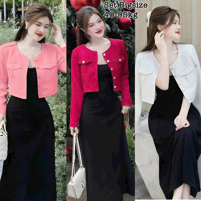 Thời Trang Bigsize HCM GIÁ RẺ - Set Váy Đầm Body 2 Dây Thun Tăm+Áo Khoác Crotop với tone Màu Đỏ Hot Hit Thiết Kế Dự Tiệc Nữ 50-95kg Quần - 2087