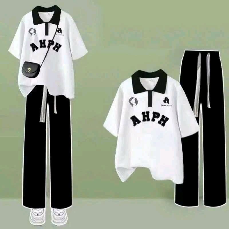 Sét Bộ Đồ Quần Ống Rộng Dây Rút Bản To + Mix Áo Thun Polo Phom Rộng Tay Lỡ - Chữ AHPH - Nữ Women Cotton Top Nhung Ong Jacket Shirt - Cổ Tròn 2